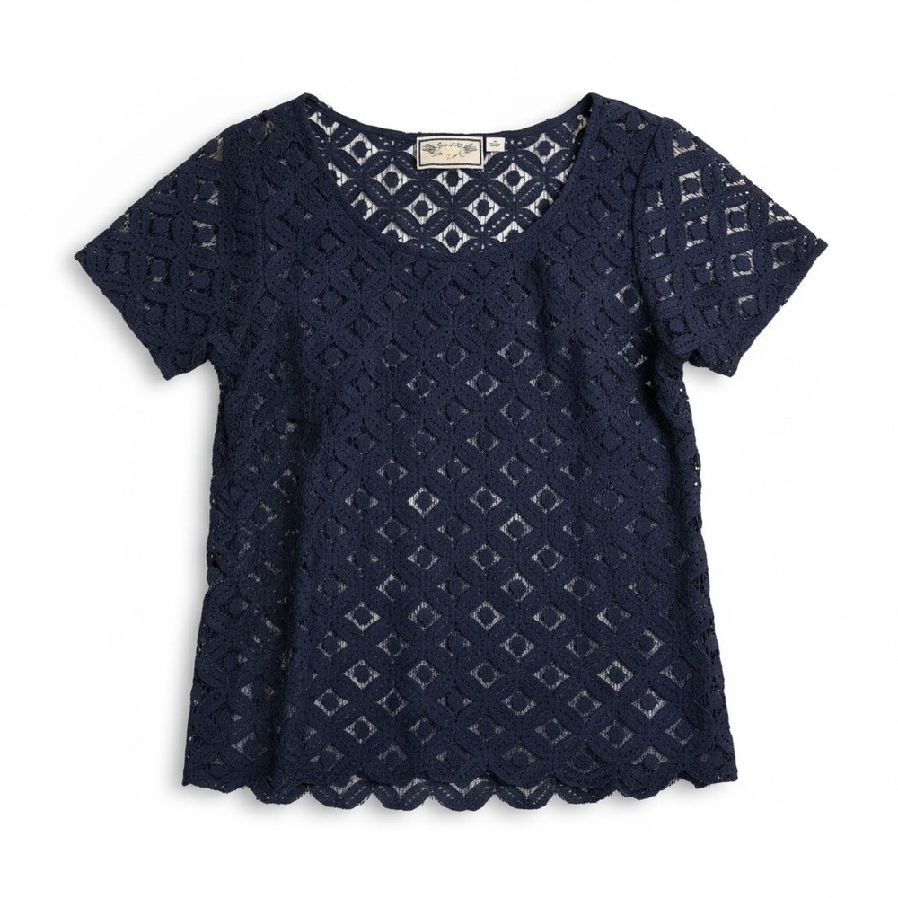 Two of Us Navy Blue Crochet Lace Short Sleeve Top Womens Size M Square‎ Neck